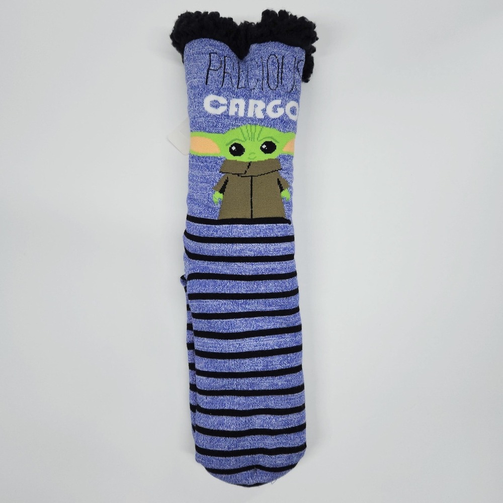 Star Wars Mandalorian Grogu Fuzzy Babba Slipper Socks Womens 9-11 Blue NEW